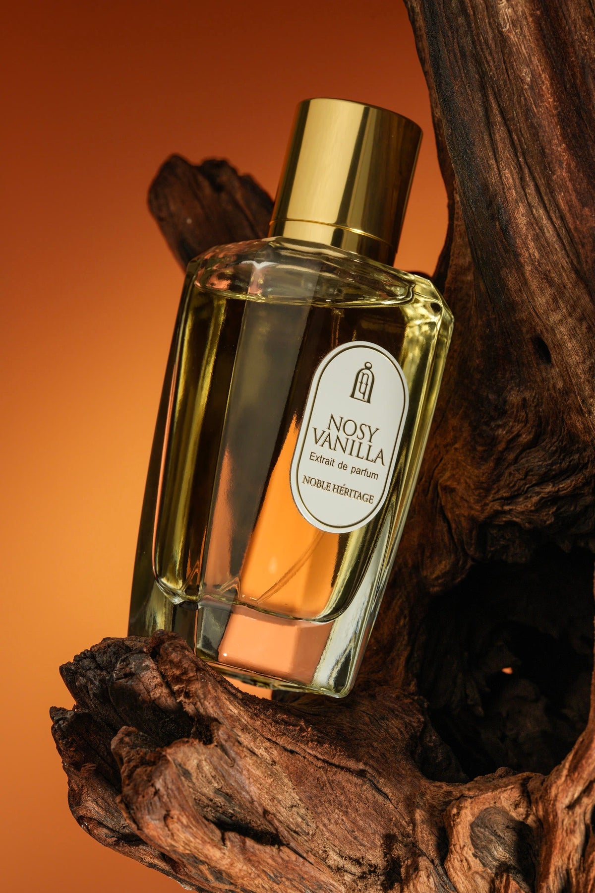 Nosy Vanilla, flacon posé sur une racine de bois sur fond ambré