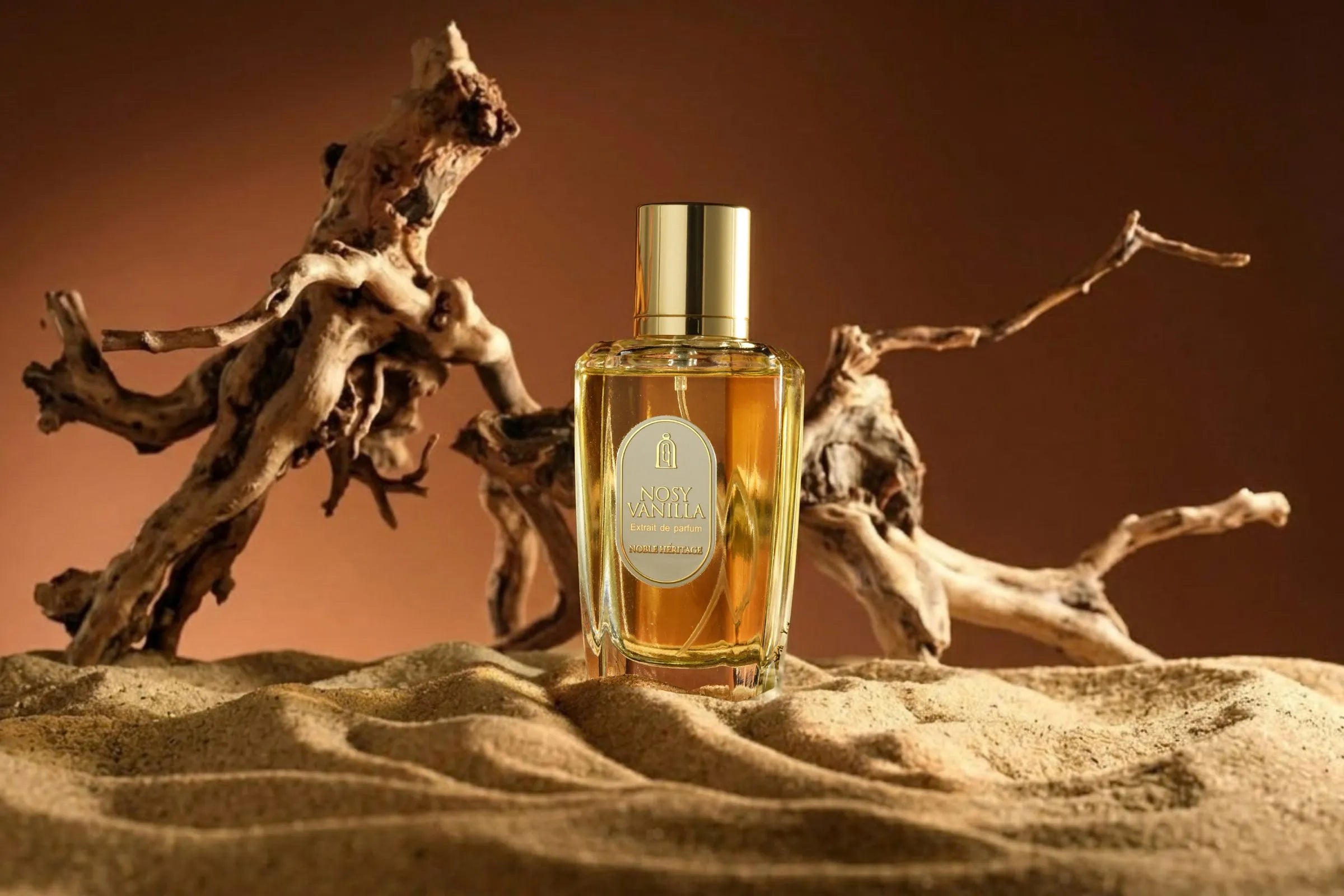 Nosy Vanilla, flacon posé sur le sable devant du bois flotté